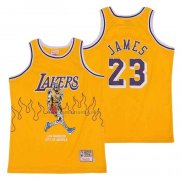 Camiseta Los Angeles Lakers LeBron James #23 Hardwood Classics Skull Edition Amarillo