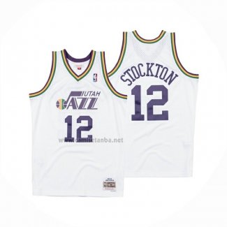 Camiseta Utah Jazz John Stockton NO 12 Mitchell & Ness 1991-92 Blanco