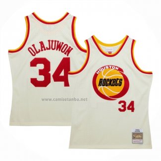 Camiseta Houston Rockets Hakeem Olajuwon #32 Mitchell & Ness Chainstitch Crema