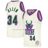 Camiseta Milwaukee Bucks Ray Allen NO 34 Mitchell & Ness Chainstitch Crema