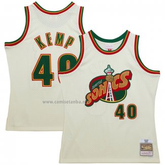 Camiseta Seattle SuperSonics Shawn Kemp NO 40 Mitchell & Ness Chainstitch Crema