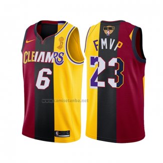 Camiseta Los Angeles Lakers Lebron James #6 23 2020 FMVP Heat Cavaliers Split Dual Number Rojo Oro