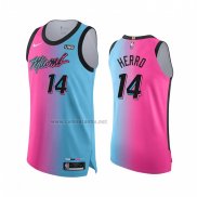 Camiseta Miami Heat Tyler Herro #14 Ciudad 2020-21 Autentico Azul Rosa