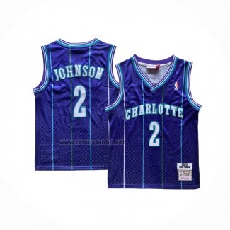 Camiseta Nino Charlotte Hornets Larry Johnson #2 Mitchell & Ness 1992-93 Violeta
